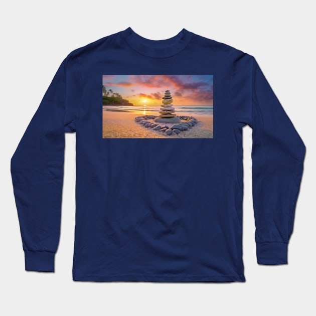 Stones cairn on the beach Long Sleeve T-Shirt by psychoshadow